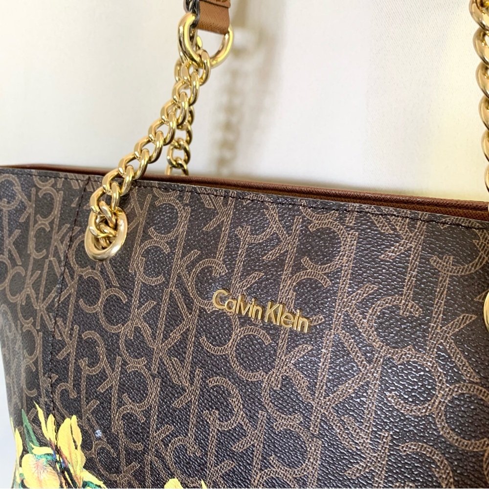 Calvin Klein Monogram Brown Floral Leather Chain Tote Bag - Picture 3 of 12